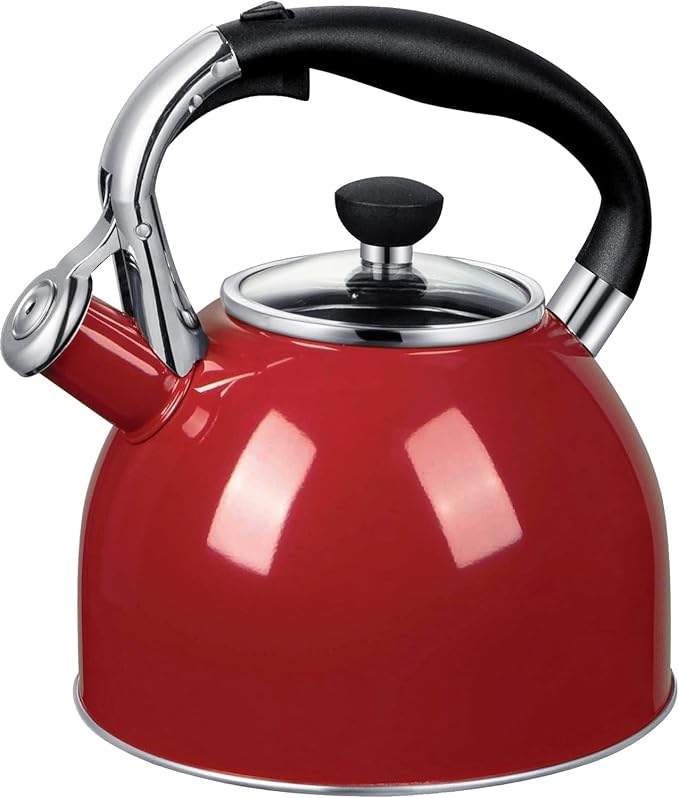Rorence Whistling Tea Kettle: 2.5 Quart Stainless Steel Kettle for Stove Top with Capsule Bottom & Heat-resistant Glass Lid (Red)