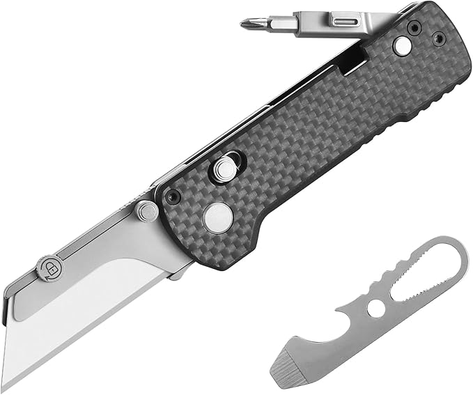 OKNIFE U1 Pro Multitool Folding Utility Knife with Folding Screwdriver, Quick Change Blade, Rail Lock & Pocket Clip for Men and Women (Carbon Fiber Overlay）
