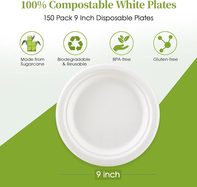 ECOLipak 9 inch 150 Pack Compostable Paper Plates, Heavy Duty Disposable Biodegradable Eco-friendly Sugarcane Bagasse Plates for Party Thanksgiving