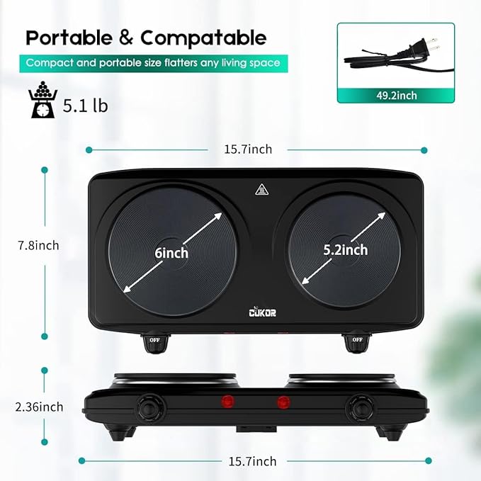 CUKOR Double Cast Iron 2 Burner, 1800W Countertop Burner, Dual Electric Stove Burners, Portable Double Burner for Cooking