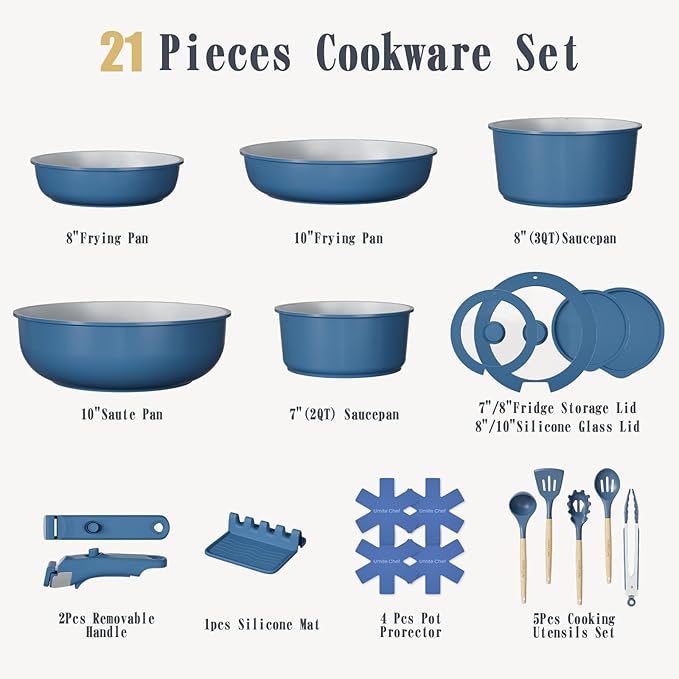 Umite Chef Pots and Pans Set Non Stick, 21 pcs Ceramic Cookware Set with Detachable Handles, Healthy Induction Cookware Oven Safe RV Kitchen Cooking Set with Utensils, PFAS PFOA & PTFE Free, Navy