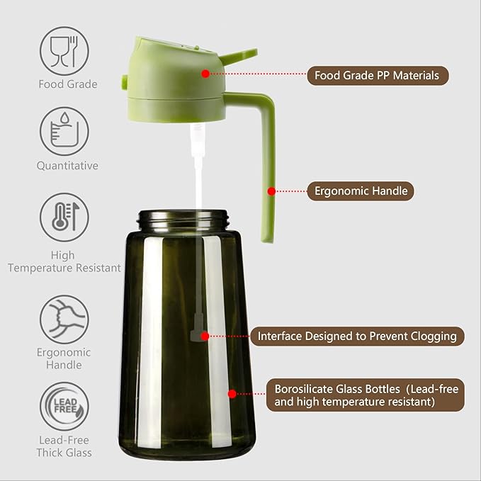 SWEET VIEW 2PCS Olive Oil Dispenser and Oil Sprayer – 16oz/470ml Glass Light-Proof Oil Pourer for Kitchen Air Fryer, Cooking, Salad, and BBQ, with Stickers