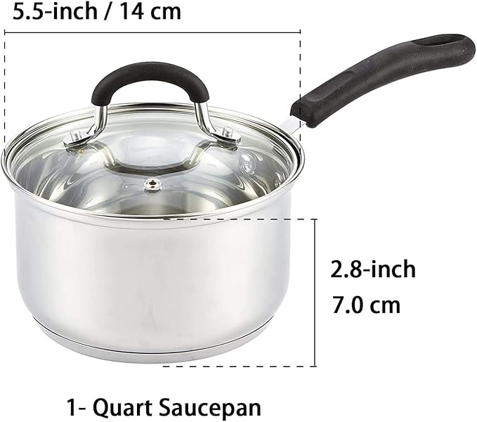 Cook N Home 1 Quart Stainless Steel Saucepan with Lid, Induction Compatible Milk Pot, Stay-Cool Silicone Handle, Mirror Polished 18/10 Cookware, Dishwasher & Oven Safe, Silver