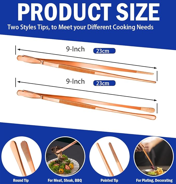 JETKONG 2 Pcs 9-Inch Kitchen Tweezers Cooking Tweezer Tongs Stainless Steel Food Tweezers (Rose Gold)