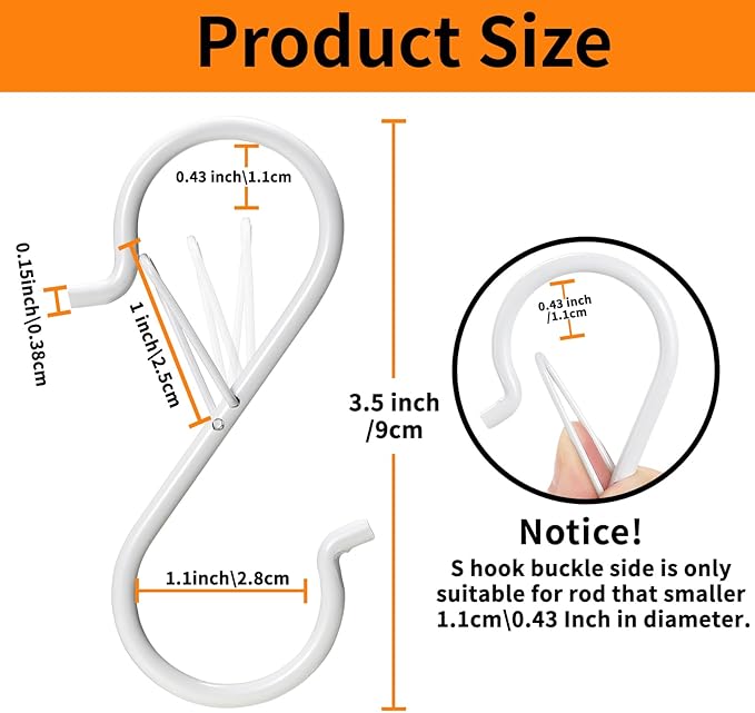24 PCS S Hooks for Hanging with Safety Buckle, 3.5 inch Heavy Duty Metal S Shaped Hooks Stainless Steel for Hanging Kitchen Utensil, Cups, Pots, Plants, Bags, Hats (White)