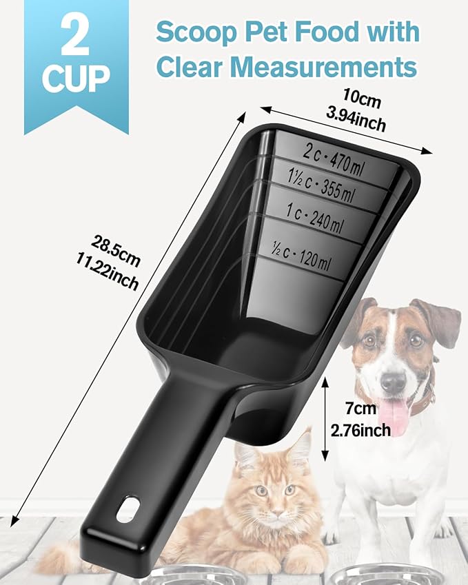 2 Cup Dog Food Scoop(2 Pack), Plastic Pet Food Scoop with Measuring Lines for Accurate Pet Food Portions,Dishwasher Safe (Black)