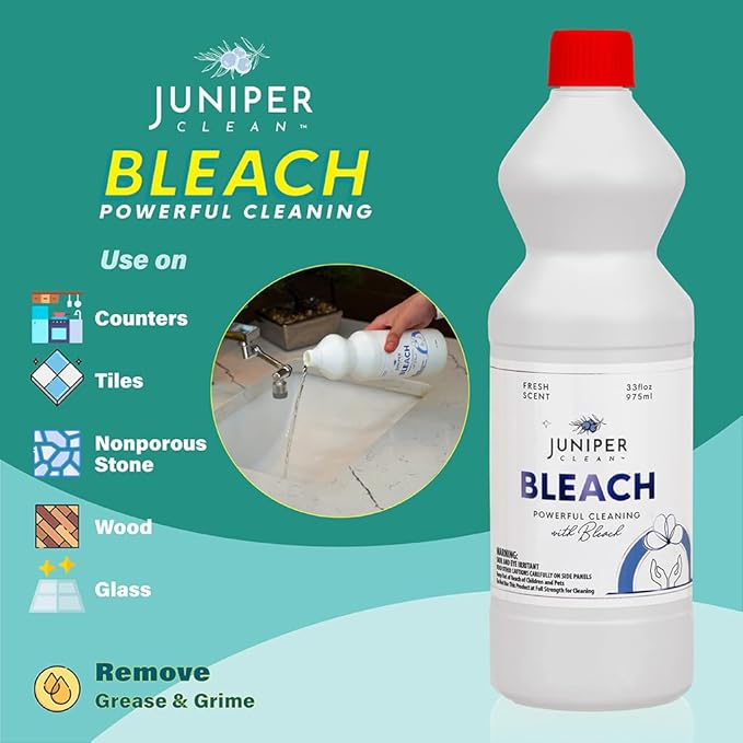 Juniper, 33 Fl Oz Liquid Bleach for Bright Whites, Fresh Scent Surface Cleaner for Bathroom, Kitchen, All Purpose Cleaner with Bleach (Pack of 12), Total 396 Ounce