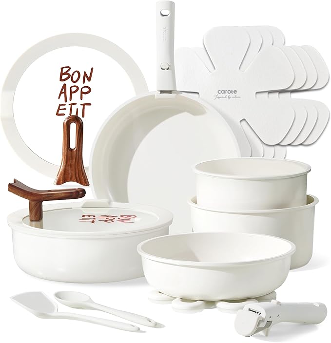 CAROTE 18Pcs Ceramic Cookware Set with Detachable Handle, Pots and Pans Set Non Stick, Non Toxic Kitchen Cooking Sets with Stand-Up Lid, PFAS and PFOA Free, Oven Safe, Induction Ready, Cream White