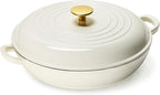 CAROTE 3.4QT Enameled Cast Iron Braiser Pan, Shallow Dutch Oven Casserole Skillets, Non-Toxic Cast Iron Pot with Lid for Grilling, Searing, Baking, Dual Handles, All Stovetop Compatible, White