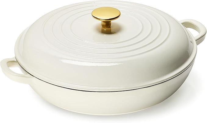 CAROTE 3.4QT Enameled Cast Iron Braiser Pan, Shallow Dutch Oven Casserole Skillets, Non-Toxic Cast Iron Pot with Lid for Grilling, Searing, Baking, Dual Handles, All Stovetop Compatible, White