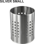 FABULETTA Stainless Steel Utensil Holder for Kitchen Countertop, Cutlery Drainer Rack with Drain Hole, Rust-Resistant Vertical Organizer Stand for Spoons and(Silver Small)