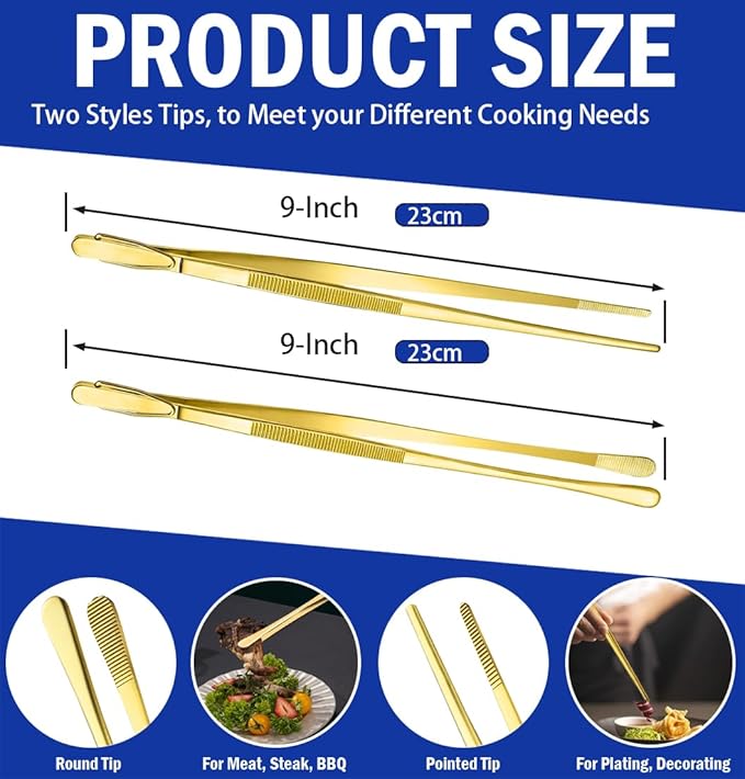 JETKONG 2 Pcs 9-Inch Cooking Tweezers Stainless Steel Food Tweezers Kitchen Tweezer Tongs (Gold)