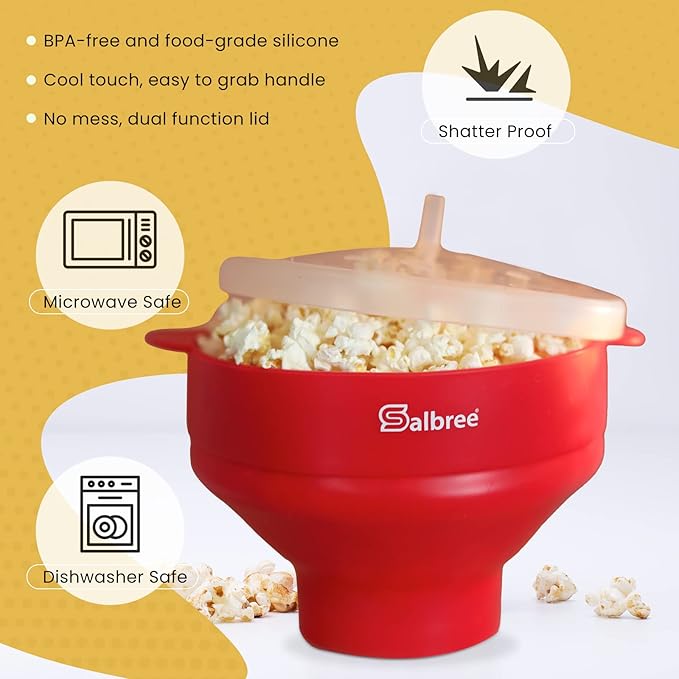 The Original Salbree Collapsible Silicone Microwave Popcorn Popper Maker Machine, Microwavable Bowl Holds 16 Cups, Uses Hot Air and Oil Always Optional - The Most Colors Available (Magenta)