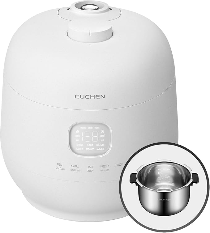 Cuchen 6-Cup Premium IH Pressure Rice Cooker with 304Ti Stainless Steel Inner Pot, Dual High/Non-Pressure Modes, Voice Guide & Auto Steam Clean, White (CRH-TWS0610PWUS)