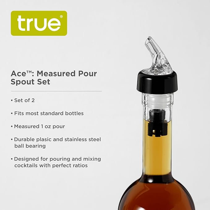 True Ace Measured Liquor Pour Spout - 1oz Pourer - Fits Standard Liquor Bottles - Automatic Measuring Liquor Pourer Bar Accessory - Plastic Set of 2