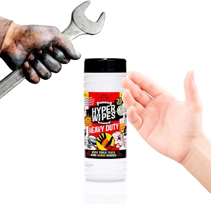 Hyper Wipes, 4 Pack Heavy Duty Hand & Tool Cleaning Wipes, 7"x12" Size Multi-Surface Cleaning Wipes, Degreasing, All Purpose Cleaner, Bathroom, Mechanic, Work Surface Wipes, 140 Count Canister