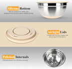 Mixing Bowls with Airtight Lids Set, 20 PCS Kitchen Gadgets Set, 6 Stainless Steel Bowls,3 Grater Attachments,Non-Slip Silicone Bottoms,Great for Serving&Baking,Size 5, 4, 3.5, 2.1, 1.5, 1.1QT (Khaki)