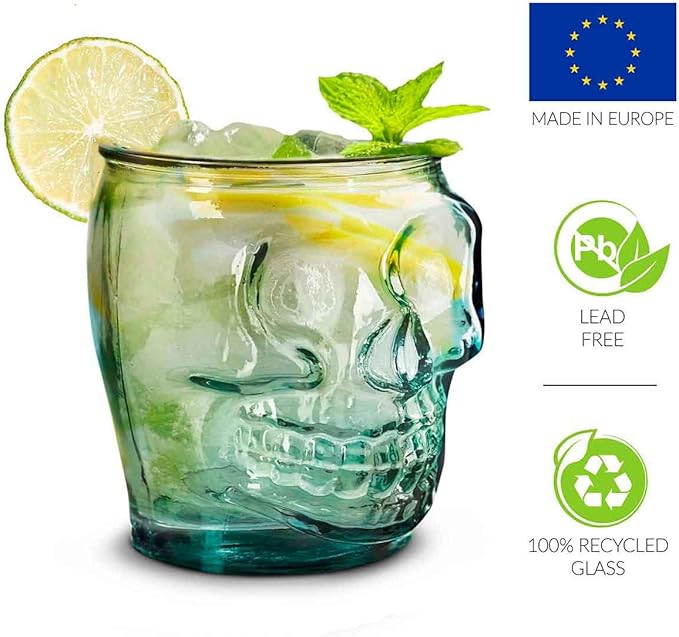 COURONNE CO. Clear Recycled Drinking Glass Tumbler, Perfect for Cocktails, Refreshments & Everyday Use, Restaurant Grade, Crafted without lead-based materials (15.2 Oz, Sugar Skull)