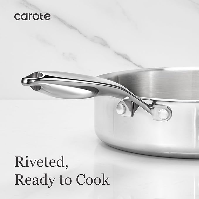 CAROTE 21pcs Tri-Ply Stainless Steel Cookware Set, Pots and Pans Set, Non Toxic Induction Kitchen Cooking Sets, Cookware Collection, Mirror Polish, Silver