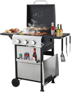 3-Burner Propane Gas BBQ Grill with Plate, 36900 BTU 2 in 1 Propane Griddle Grill Combo with 2 Foldable Side Table for Outdoor Cooking Camping Patio Backyard (3 burner +griddle)
