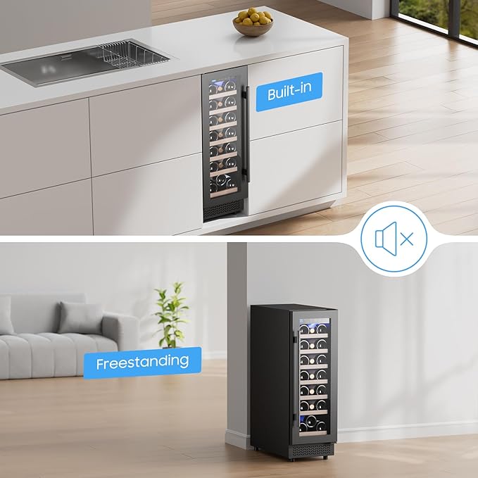 12" Wine Cooler Refrigerator 21 Bottle Wine Fridge Built-in or Freestanding with Double-Layer Tempered Glass Door Compressor quick cooling,Low Noise