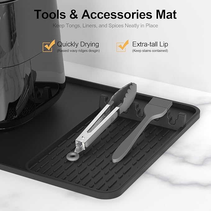 Silicone Heat Resistant Mats for Countertop,24x16 Inch Air Fryer Mat with Kitchen Accessories Holder Pad for Microwave/Oven,Compatible with Ninja/Cosori/Chefman/Toshiba,Kitchen Countertop Protector