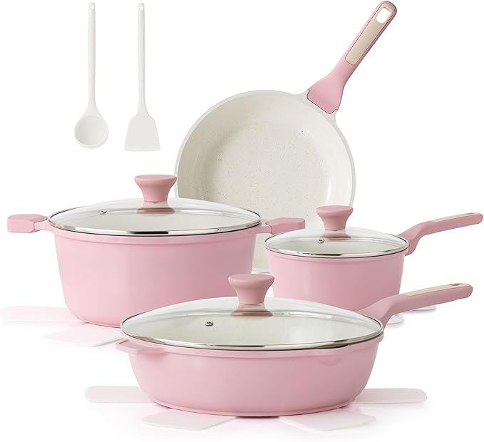 SENSARTE Nonstick Ceramic Cookware Set Large 13-Piece, Healthy Pots and Pans Set Dishwasher Safe, Non-toxic Kitchen Cooking Set with Stay-Cool Handles, Induction Compatible, PFAS Free, Pink