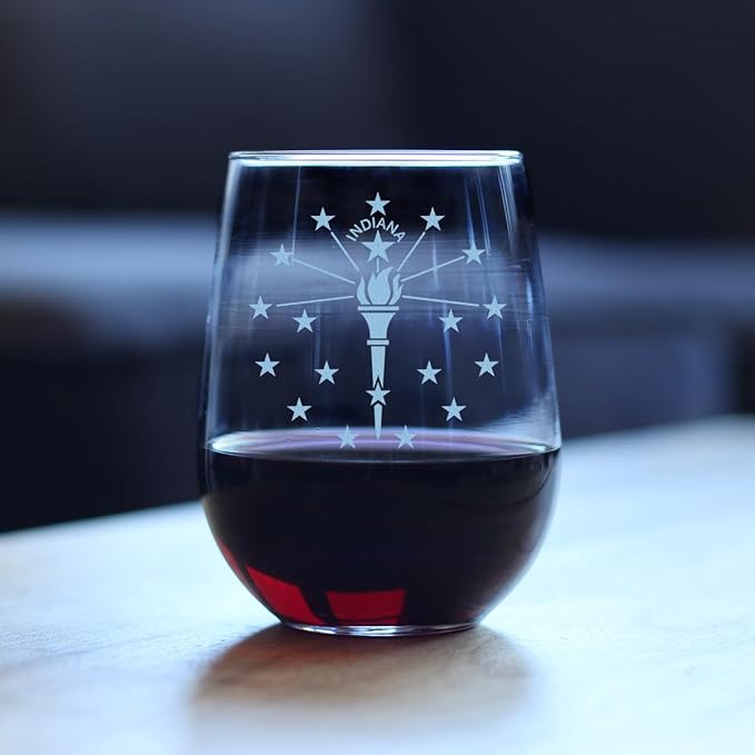 Custom Indiana Flag Personalized Stemless Wine Glass - State Themed Drinking Decor and Gifts for Indianan Women & Men - Large 17 Oz Glasses - Customized Wine Glass Gift