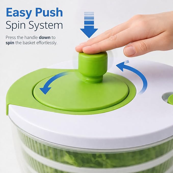 SKYREN 4 Qt Salad Spinner, Vegetable Washer & Dryer with Easy Spin Handle, Non-Slip Base, Large Capacity Kitchen Prep Tool, Green Glaze, 6.54 Inch Height