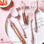 Collfa Rose Gold And Pink Kitchen Utensil Small Five-Piece Set Mini Silicone Kids Kitchen Tools Whisk Spatula Tongs Spoon And Slotted Spatula(Kids Baking Supplies)