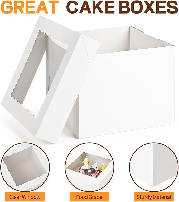 2 Pack Cake Boxes, 10 x 10 x 8 Inches Tall Bakery Box with Window and Cake Boards, Disposable Cake Containers for Wedding, Birthday, Party