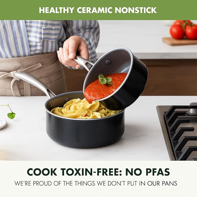 GreenPan Swift Healthy Ceramic Nonstick, 1QT and 2QT Saucepan Set, Stainless Steel Handle, PFAS-Free, Dishwasher Safe, Oven Safe, Black