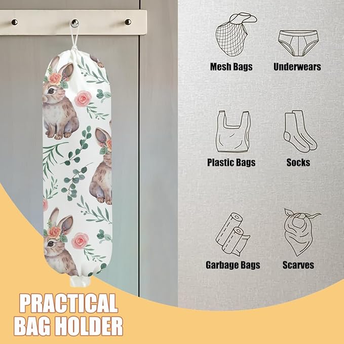 Rabbit Bunny Plastic Bag Holder, Wall Mount Grocery Bag Holder, Plastic Storage bag, Pull Rope Free Adjustment, Plastic Bag Holders for Grocery Bags, Plastic Bag Dispenser for Home Kitchen Camping