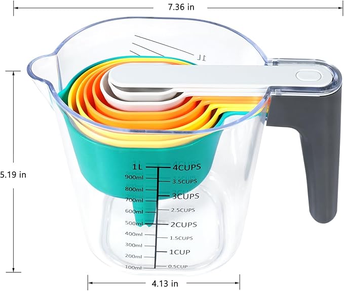 Measuring Cups and Spoons set 19 Pieces, Includes 10 Stackable Measuring Cup with Lid and 9 Magnetic Measuring Spoons, Tablespoon for Liquid and Dry, BPA Free, Dishwasher Safe (Rainbow)