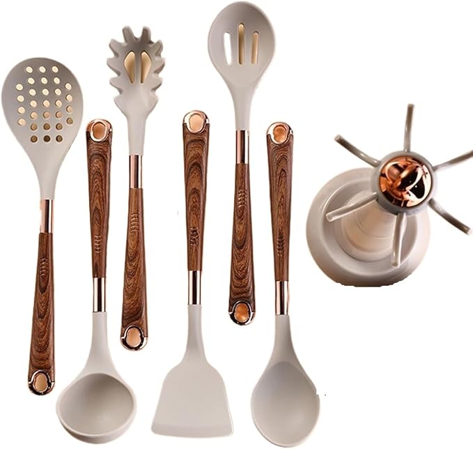 Kitchen Utensils Set,Cooking Utensils Set,Kitchen Utensils Set with Stand, 7pcs Silicone Cooking Utensils, Nonstick Pasta Spoons Skimmer Spatula Baking Kitchen Tools Gadgets(Khaki)
