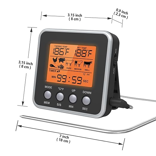 Digital Meat Thermometer for Oven, Food Thermometer with Large LCD, Backlight, Kitchen Timer, Temperature/Time Alarm for Smoker, BBQ, Barbecue, Cookware
