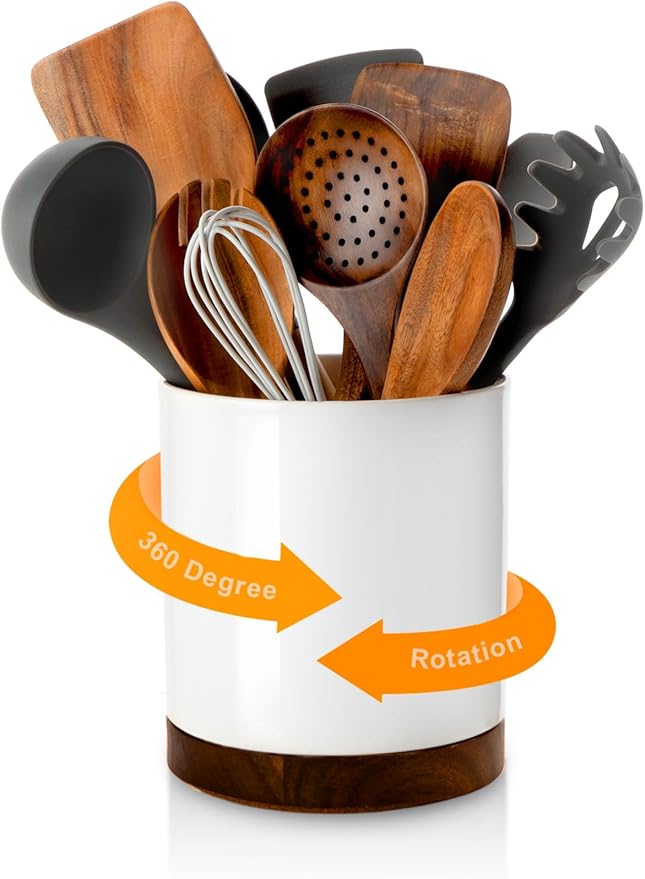 Nucookery 360° Rotating Utensil Holder, 7.2" Large Utensil Crock, White Ceramic Cooking Utensil Organizer with Countertop-Protection Cork Bottom for Farmhouse Kitchen Decor Christmas Gift (White)