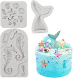 SAKOLLA Mermaid Theme Cake Fondant Mold - Seahorse Seashell Starfish Mermaid Tail Silicone Mold for Cake Decoration, Chocolate, Candy, Polymer Clay, Cupcake Decor, Sugar Craft