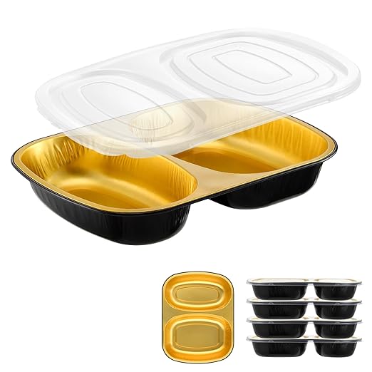 Divided Aluminum Foil Takeout Containers with Lids (5 Pack) – 2X Thicker Heavy Duty Black Compartment Food Trays for Bento, Meal Prep, School Lunch & To-Go Meals, 27oz
