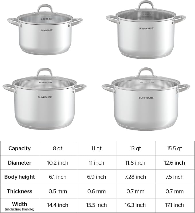 SUNHOUSE Stainless Steel Stock Pot - 13 Quart Heavy-Duty Induction Cooking Pot with Visible Lid for Pasta, Soup, Spaghetti - Nonstick Thick-Bottom Deep Stockpot for Canning, Boiling, and Simmering