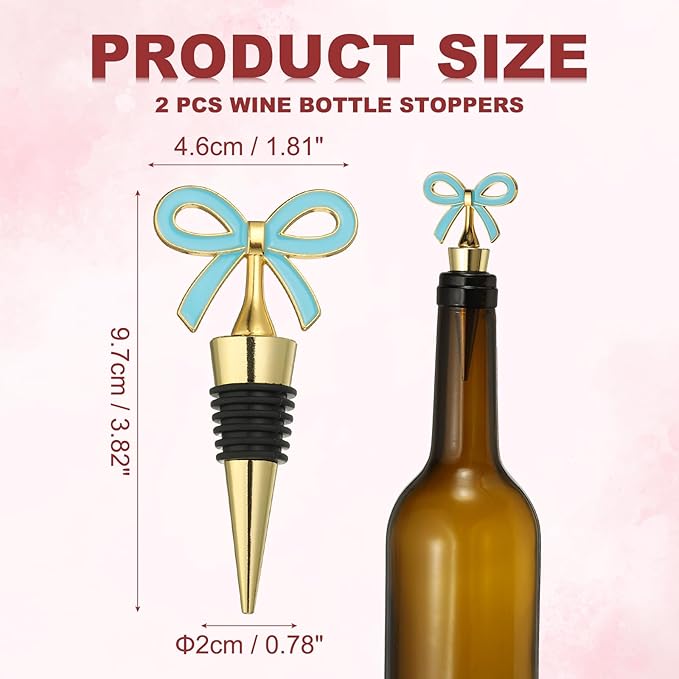 uxcell 2 Pcs Bow Wine Stopper, Reusable Wine Stoppers Airtight Leak-proof Bottle Plugs Liquor Saver Beer Beverage Glass Bottles Stopper for Bar Holiday Party Home Decor, Gold-Blue