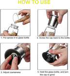 Premium Stainless Steel Salt and Pepper Grinder Set - Short Glass Shaker, Pepper Mill & Salt Mill with Adjustable Coarseness, Refillable for Himalayan or Sea Salt, Black Peppercorn, with Bonus Stand