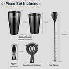 Professional Cocktail Shaker Set, 4-Piece Bar Set, Ideal Bartender Kit with Stainless Steel Boston Shaker, Jigger, Bar Spoon & Hawthorne Strainer, Dishwasher-Safe Bar Tools Set, Black
