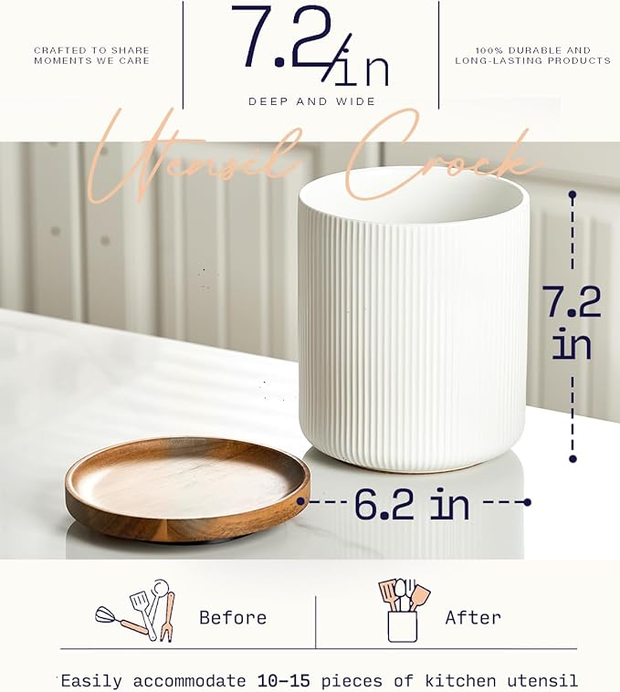 getstar Large Kitchen Utensil Holder for Kitchen Counter (H7.2” x W6.2”), Ceramic Cooking Utensil Holder with Cork Mat (White, Large(7.2") with Rotating Base)