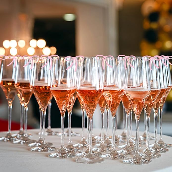 24 Pcs Pink Bow Drink Markers,Christmas Party Pink Bows Charms,Wine Coquette Wine Glass Tags,Drink Glasses Markers,Bar Tools Bow Acrylic Bowknot for Wedding Engagement Bachelorette Birthday