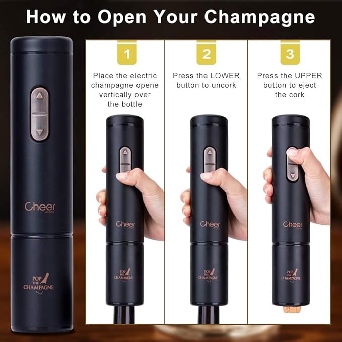 Cheer Moda Wine Opener,Electric Bottle Opener Corkscrew,Wine with Foil Cutter, 4AA Battery Powered Cordless Not Include-Best Gift for Lover (Champagne Gift, Black)
