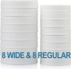 AOZITA 16-Pack Plastic Mason Jar Lids - 8 Regular Mouth and 8 Wide Mouth Jar Lids - Plastic Storage Caps for Ball, Kerr Canning Mason Jars - 100% Sealing & Dishwasher Safe & Food Grade