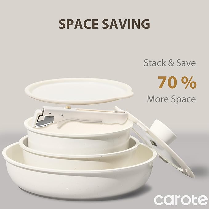 CAROTE 6pcs Pots and Pans Set Non Stick, Cookware Sets, Kitchen Set, Oven/Fridge Safe, Space Saving Pots Set, Nonstick Cooking Set with Versatile Detachable Handle, Induction RV Set