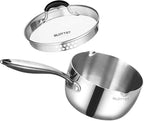 SLOTTET Tri-Ply Whole-Clad Stainless Steel Sauce Pan with Pour Spout,2.5 Quart Small Multipurpose Pasta Pot with Strainer Glass Lid, Saucepan for Cooking with Stay-cool Handle.