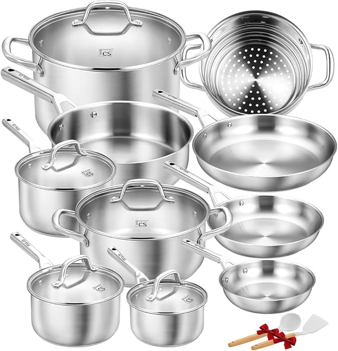 KOCH SYSTEME CS Stainless Steel Cookware Set 17 Piece, Professional 18/10 Stianless Steel Pots and Pans Set, 5-Layer Stainless Base, Oven Safe, Induction Ready, Non-Toxic Kitchen Cookware Set
